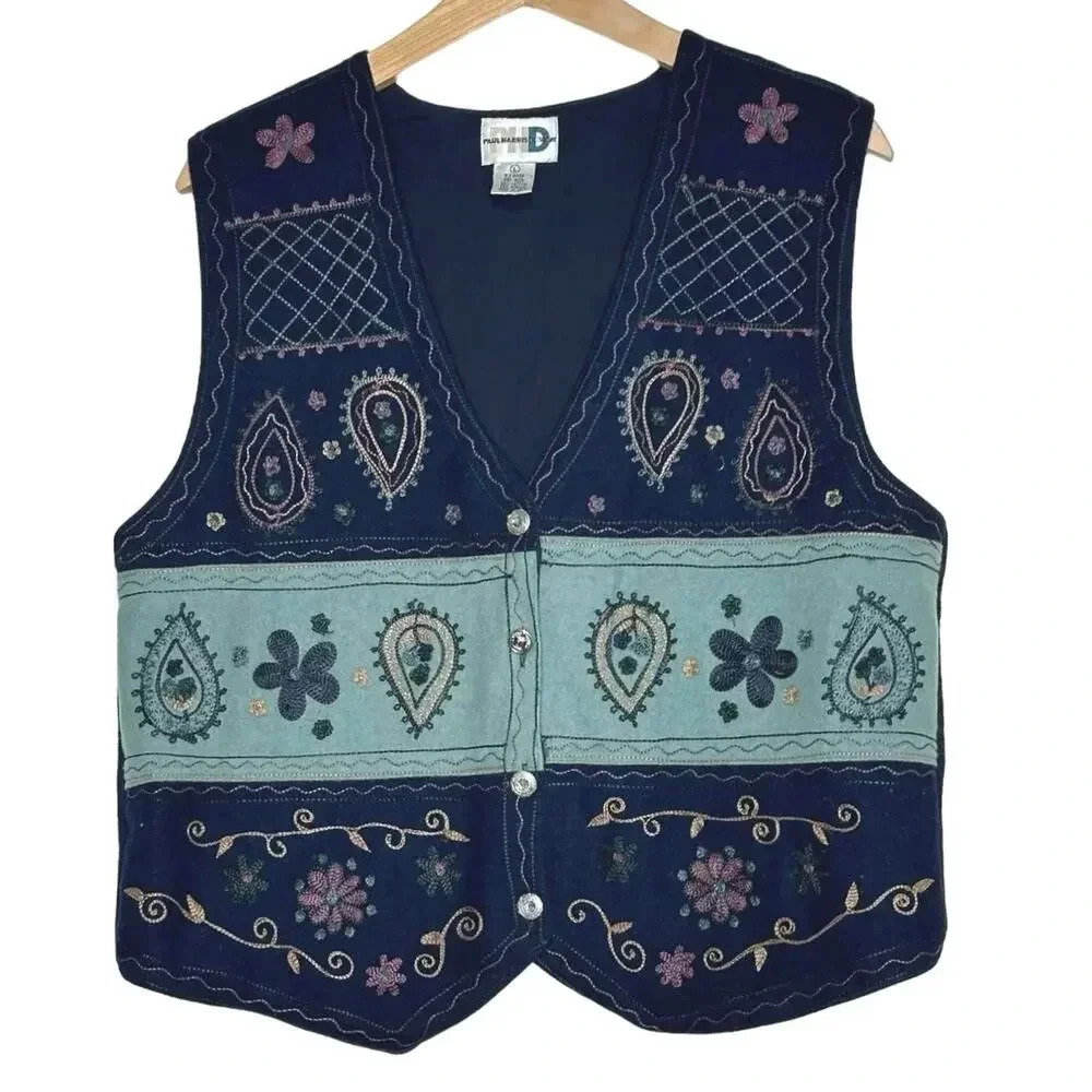 Vintage Paul Harris Design L‎ Blue Boho Vest Embroidered Paisley Floral Hippie